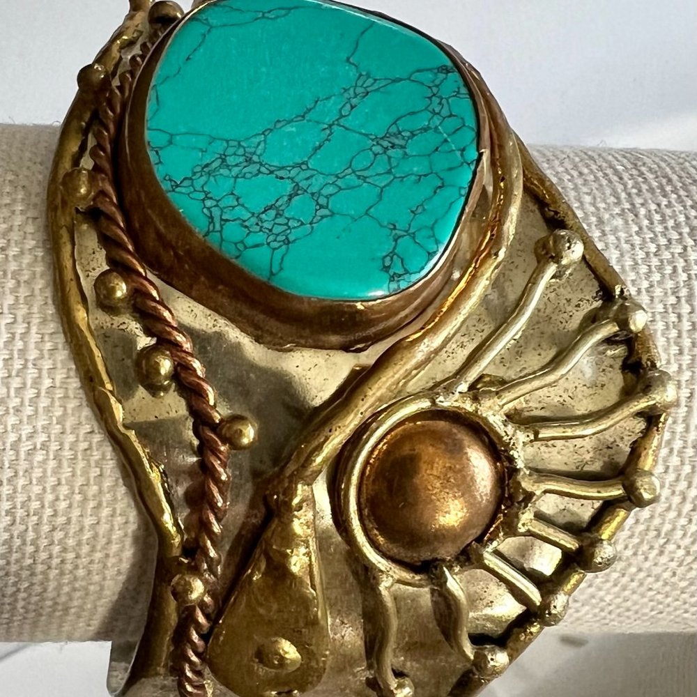 Handcrafted Turquoise Hammered Copper & Silver Tone Cuff Bracelet - Artisan Jewe